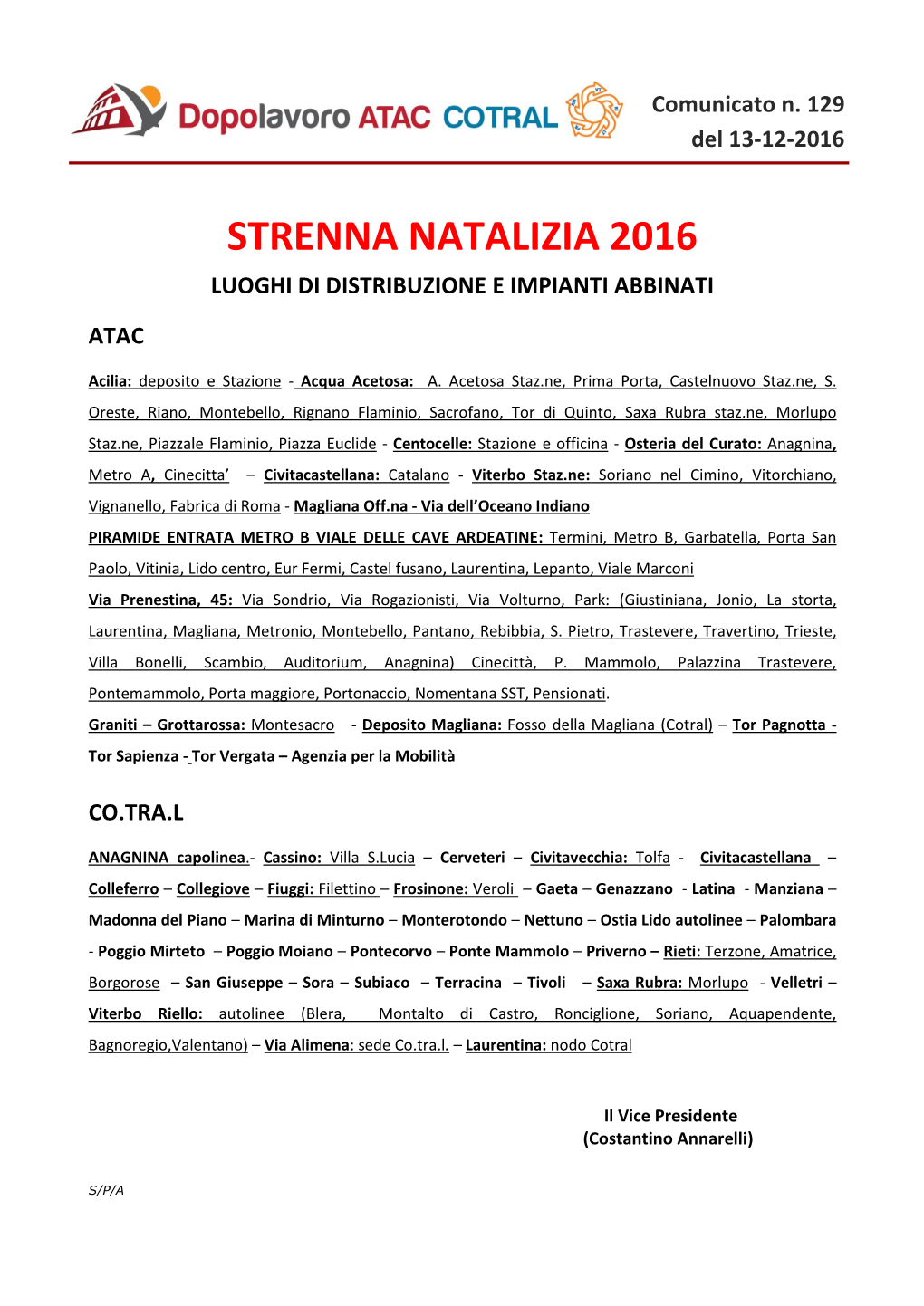 Strenna Natalizia 2016 Luoghi Di Distribuzione E Impianti Abbinati