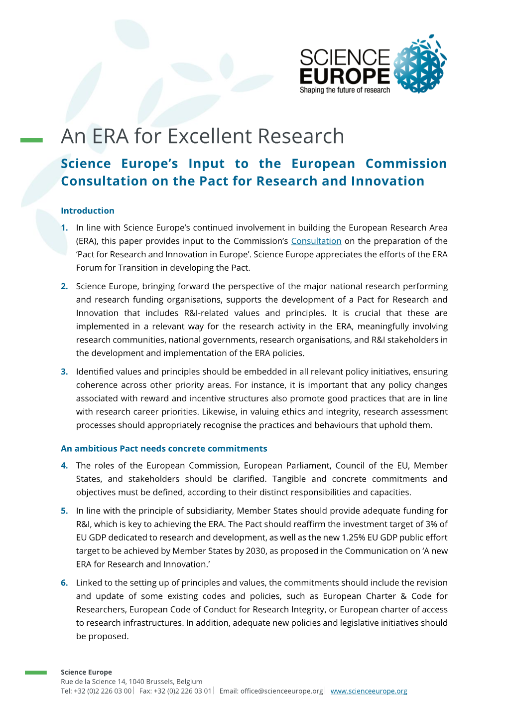 An ERA for Excellent Research: Science Europe's Input to the European Commission Consultation on the Pact