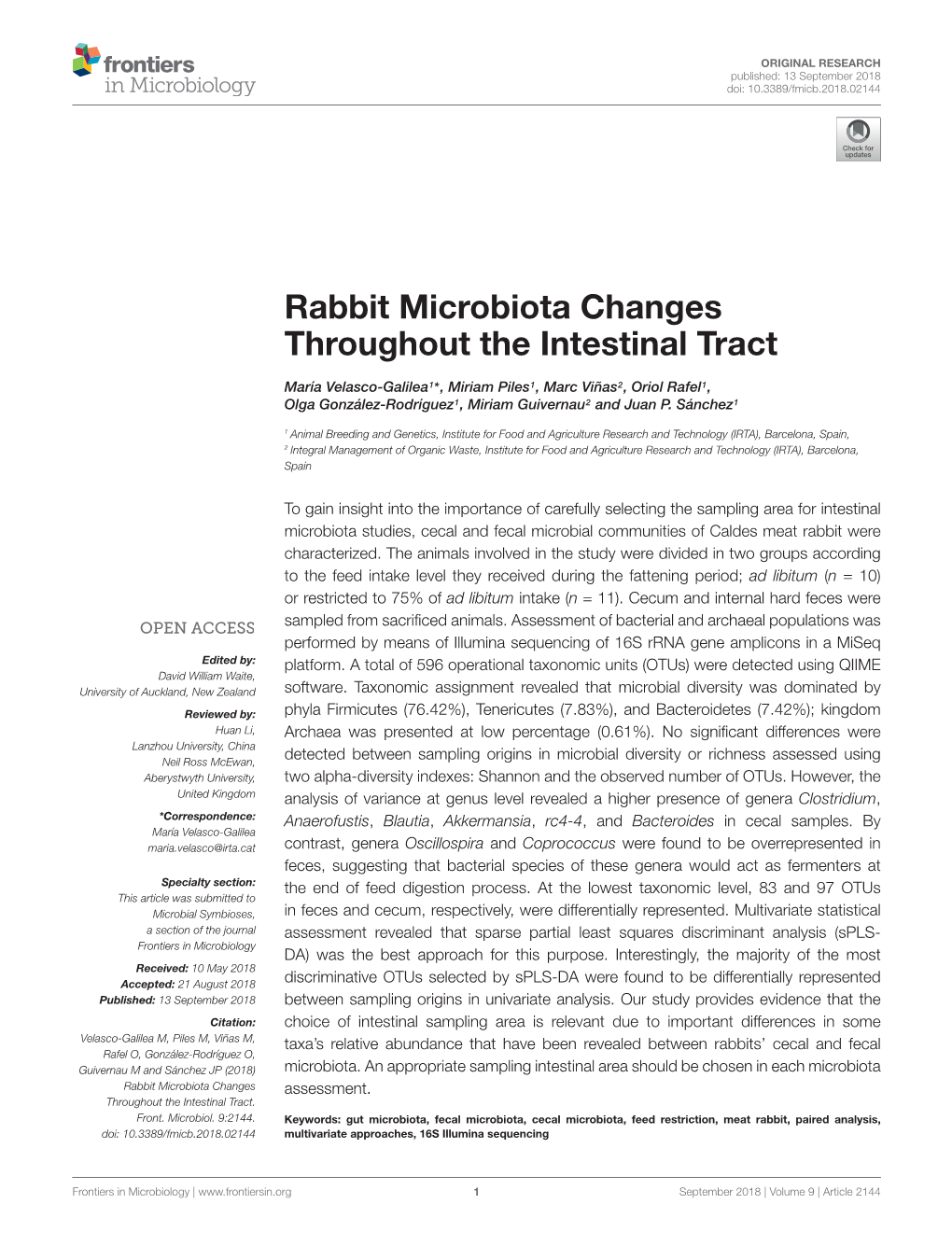 Rabbit Microbiota Changes Throughout the Intestinal Tract