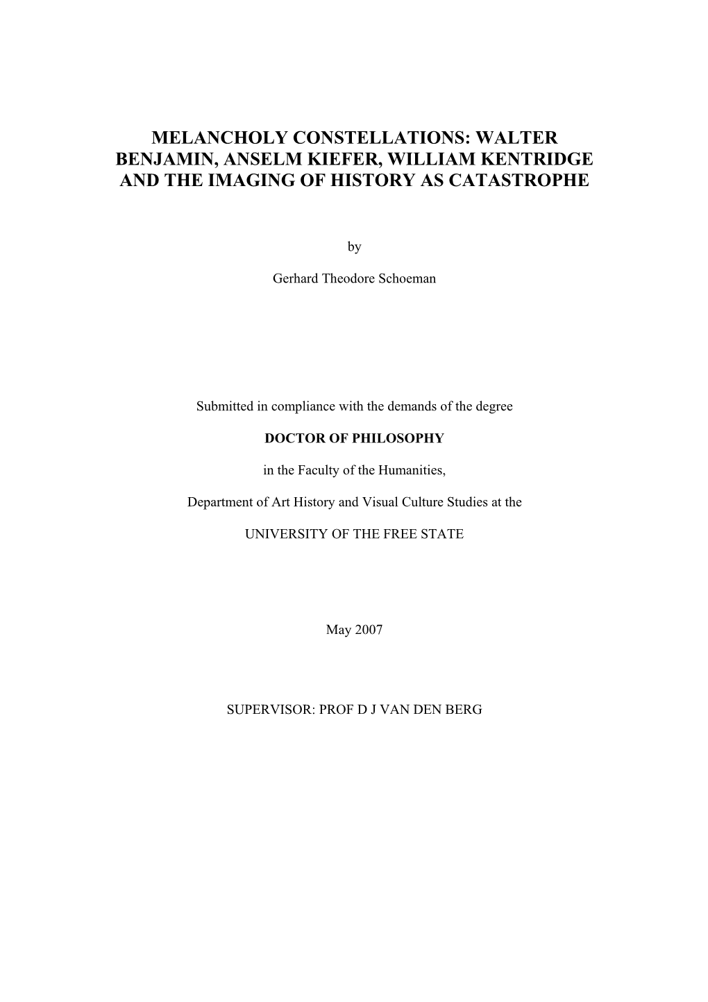 Walter Benjamin, Anselm Kiefer, William Kentridge and the Imaging of History As Catastrophe