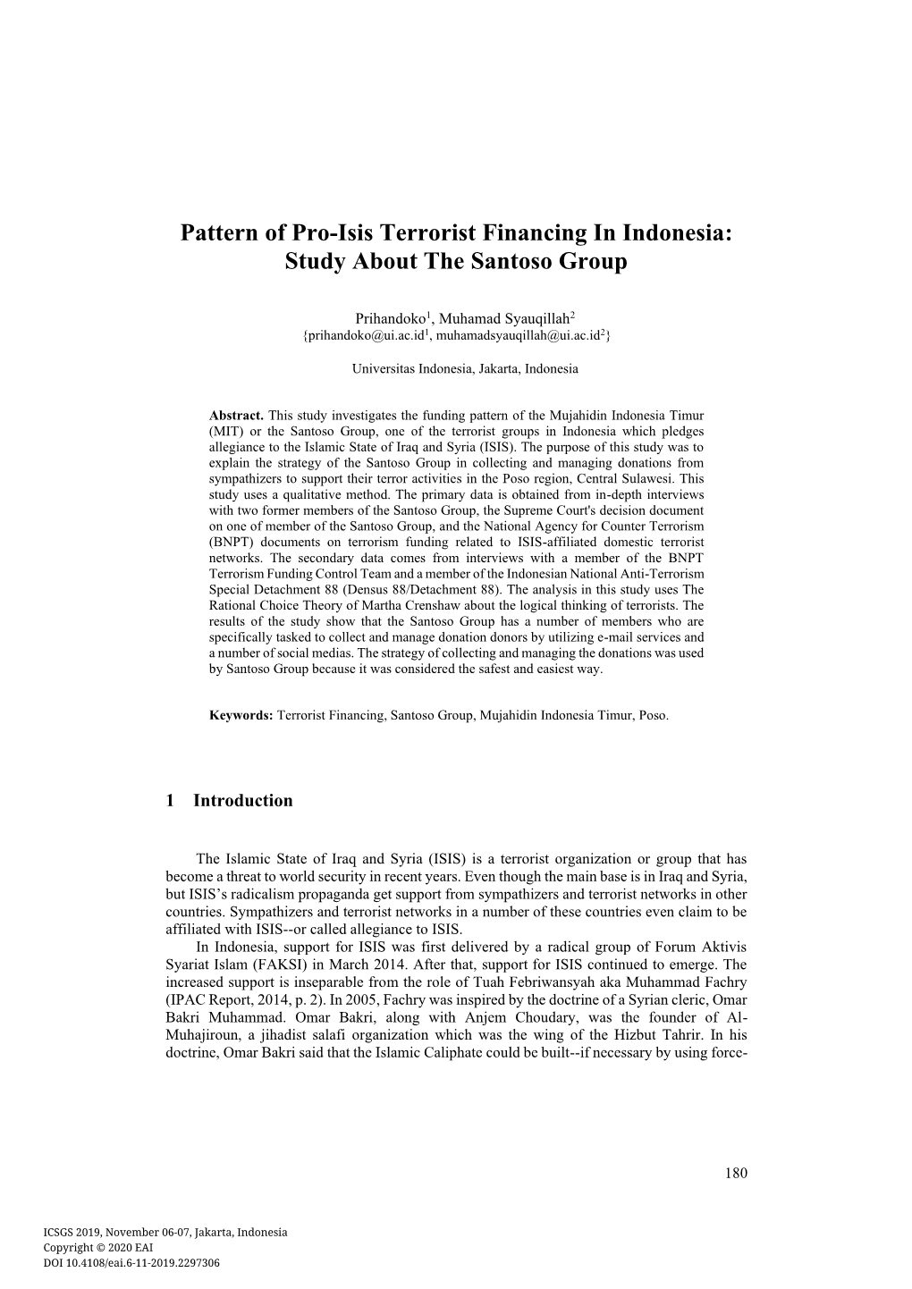 Pattern of Pro-Isis Terrorist Financing in Indonesia: Study About the Santoso Group