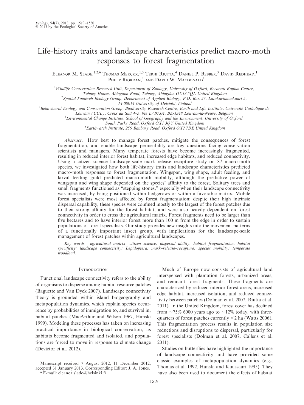 Life-History Traits and Landscape Characteristics Predict Macro-Moth Responses to Forest Fragmentation