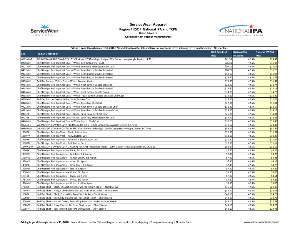 Servicewear 2017 Price List with National IPA Discount