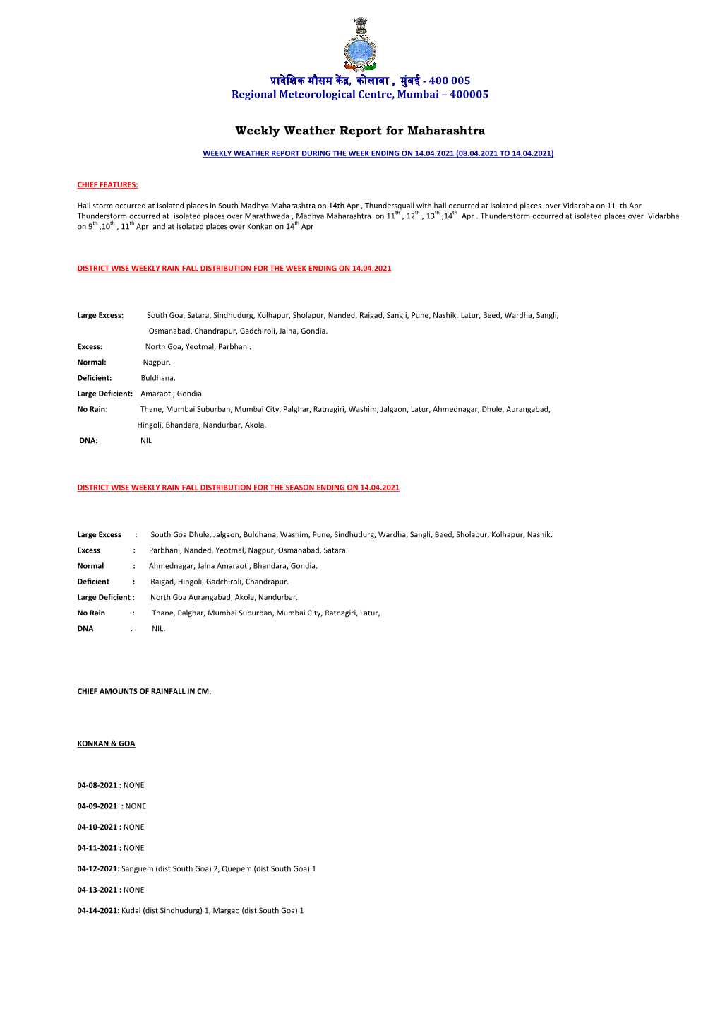 Weekly Weather Report for Maharashtra