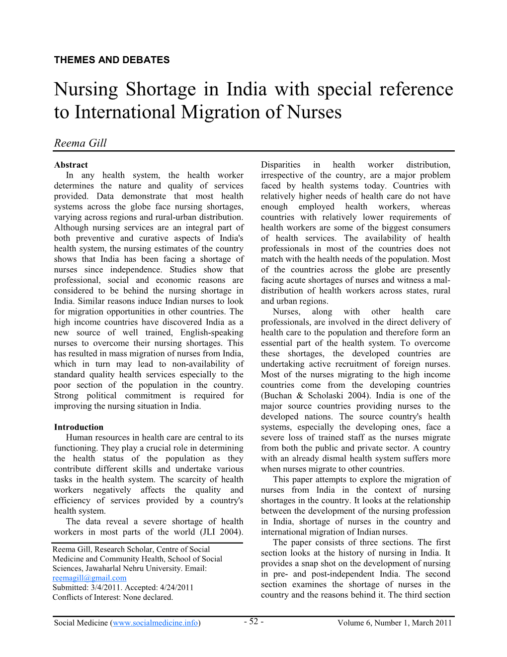 Nursing Shortage in India with Special Reference to International Migration of Nurses