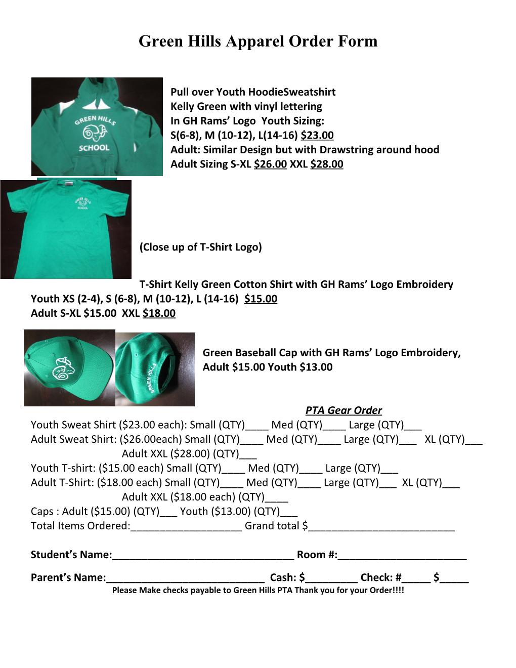 Green Hills Apparel Order Form