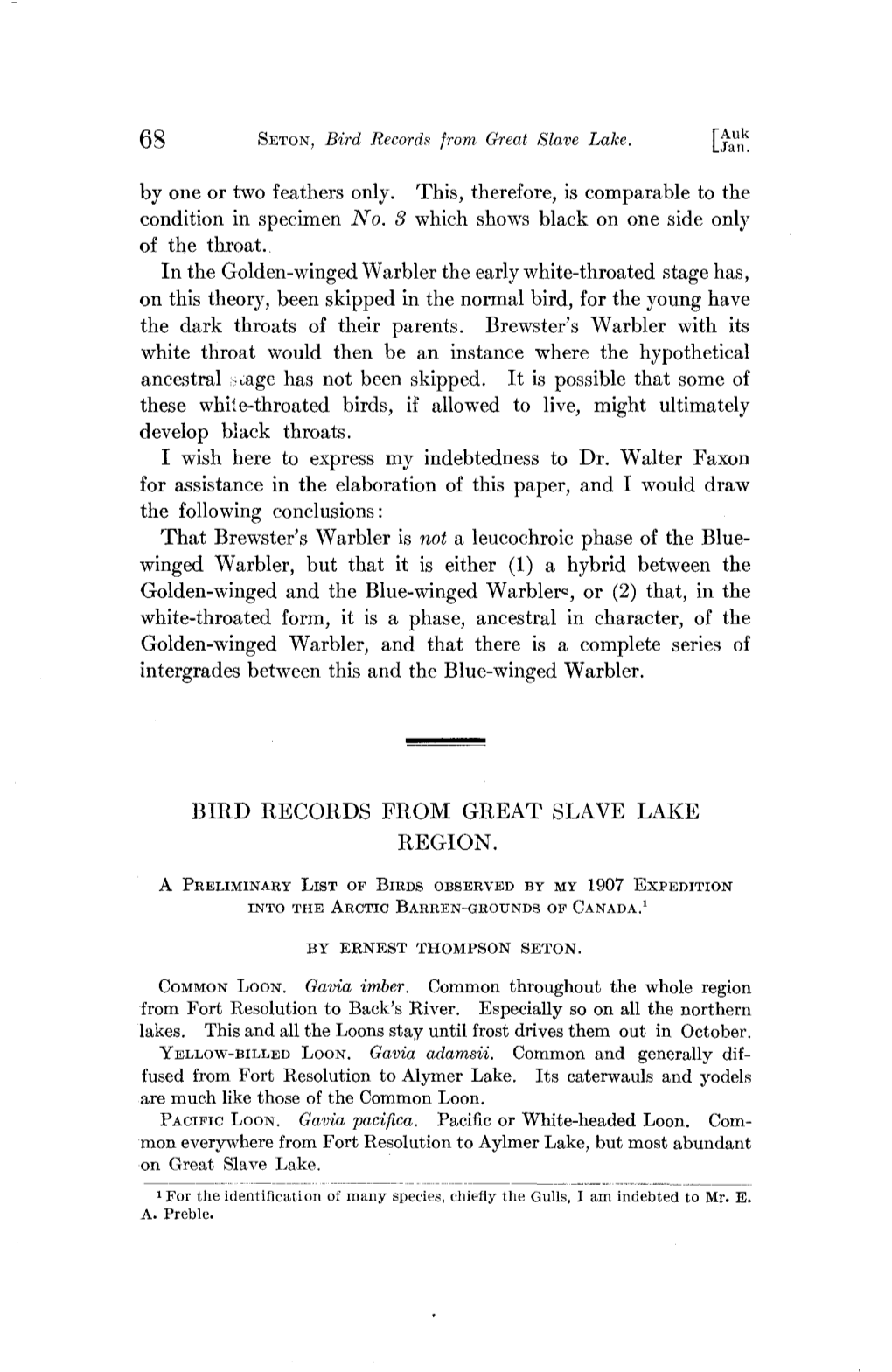 Bird Records from Great Slave Lake Region