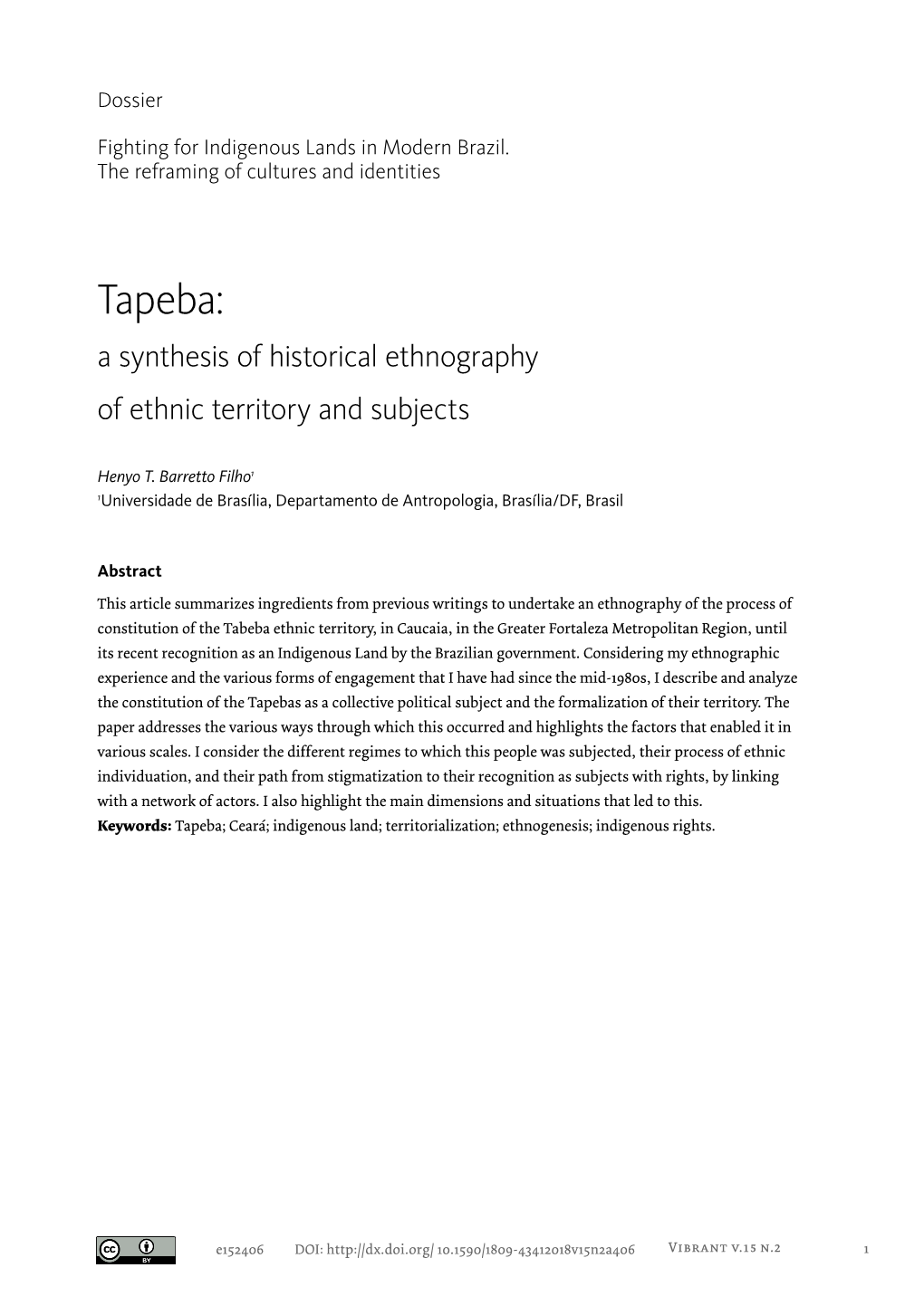 Tapeba: a Synthesis of Historical Ethnography of Ethnic Territory and Subjects