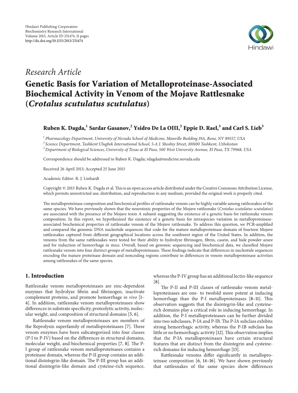 Genetic Basis for Variation of Metalloproteinase-Associated Biochemical Activity in Venom of the Mojave Rattlesnake (Crotalus Scutulatus Scutulatus)