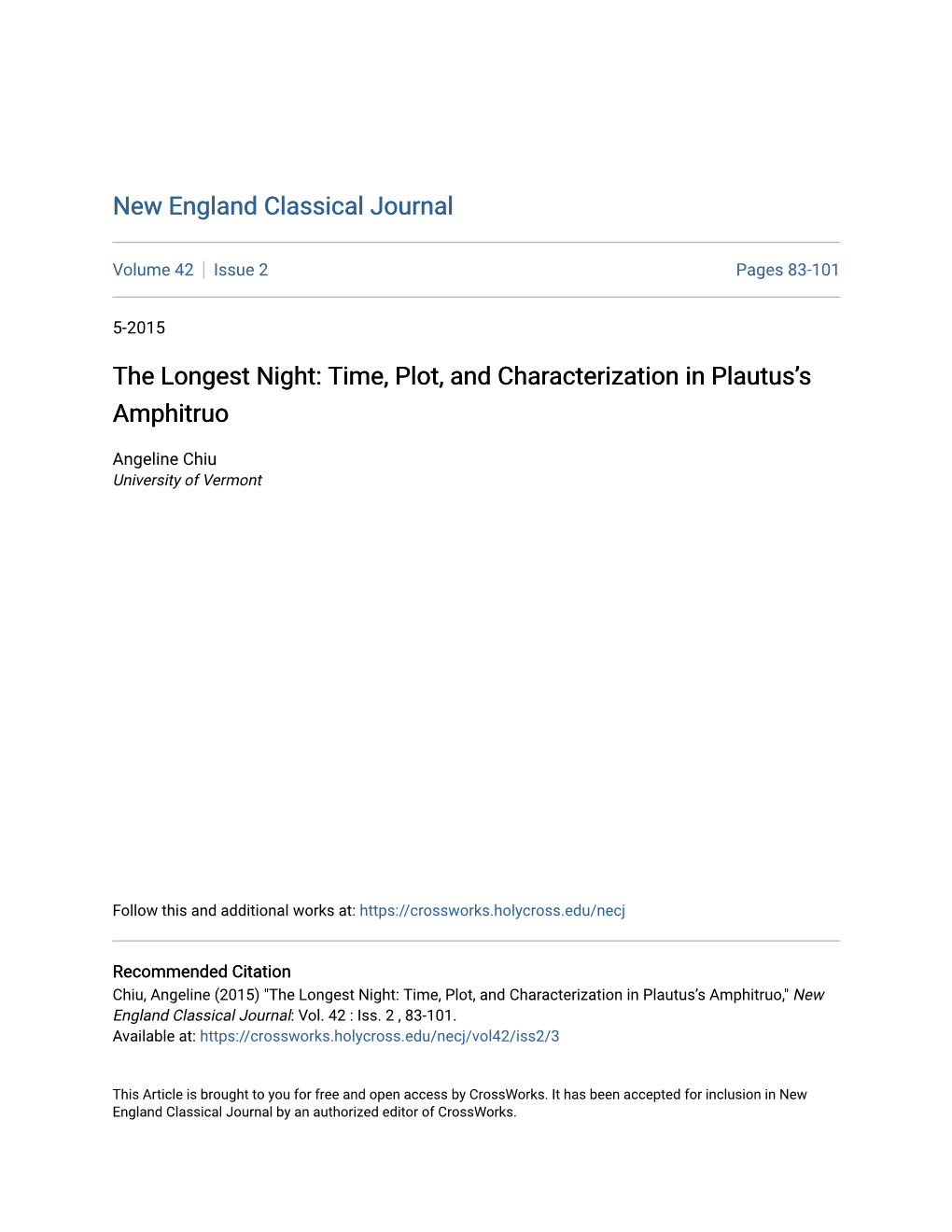 Time, Plot, and Characterization in Plautus's Amphitruo