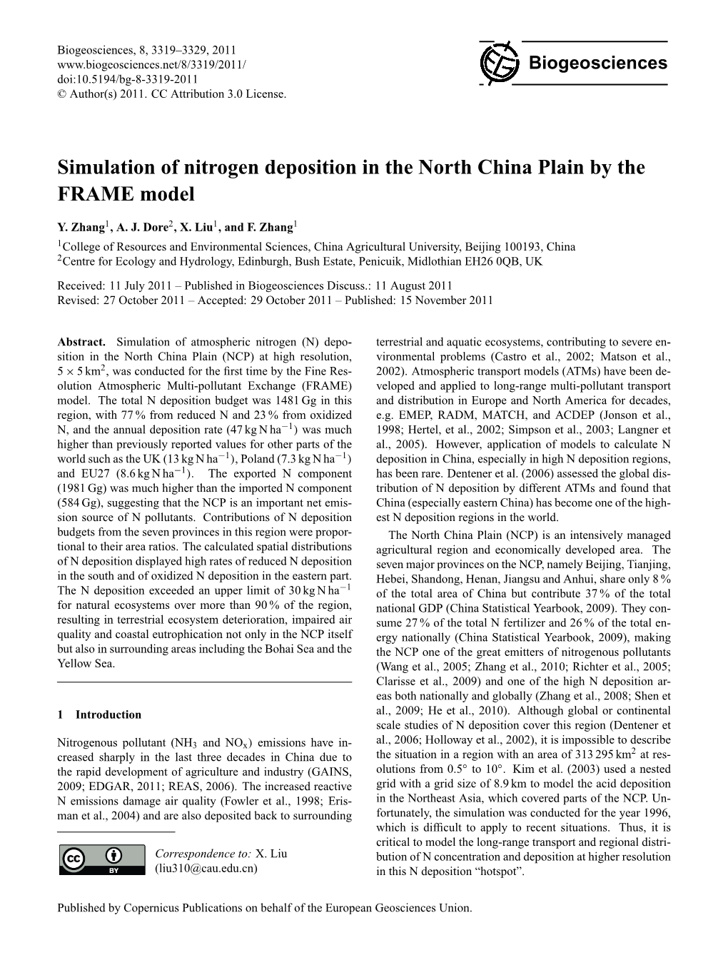 Simulation of Nitrogen Deposition in the North China Plain by the FRAME Model