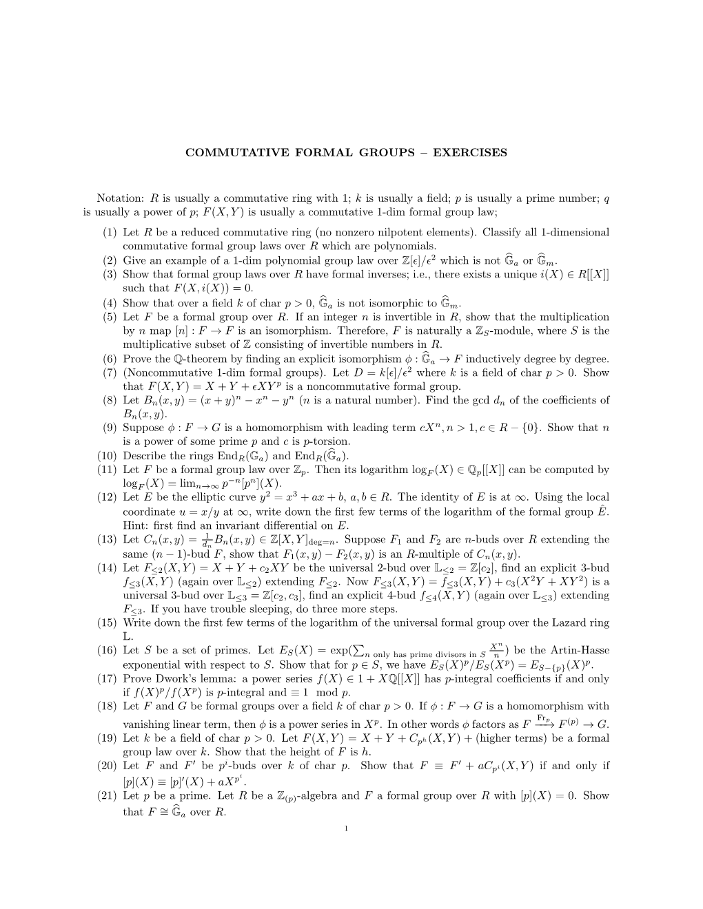 COMMUTATIVE FORMAL GROUPS – EXERCISES Notation