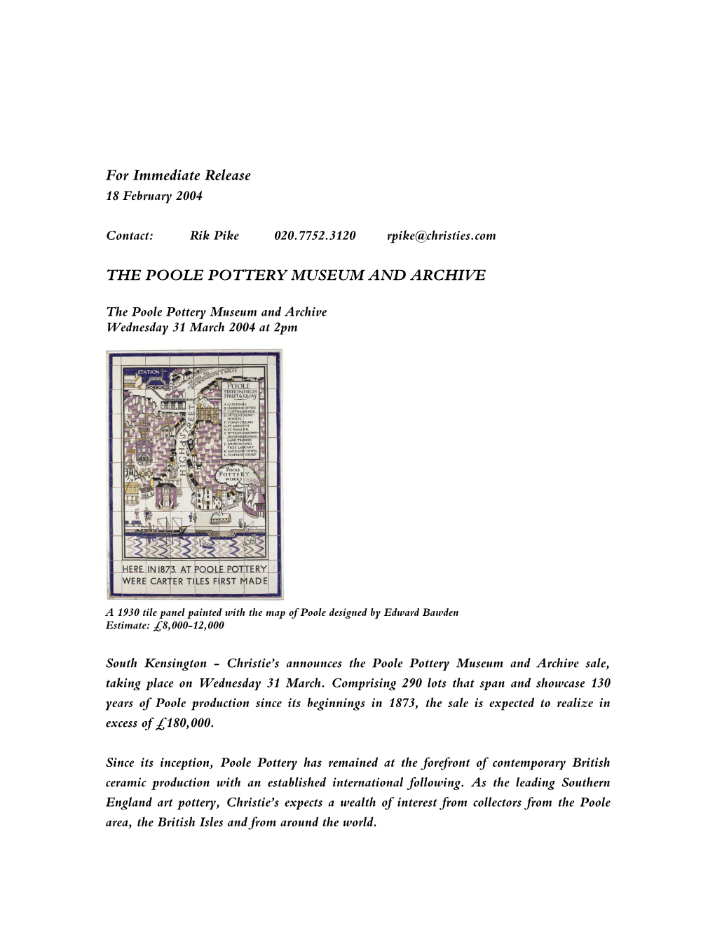 For Immediate Release the POOLE POTTERY MUSEUM and ARCHIVE