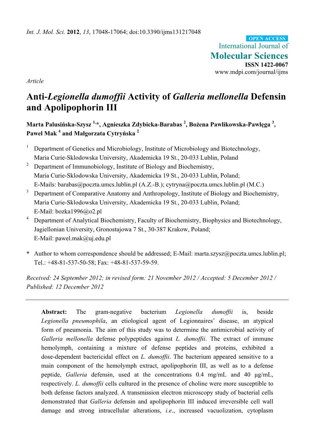 Anti-Legionella Dumoffii Activity of Galleria Mellonella Defensin and Apolipophorin III
