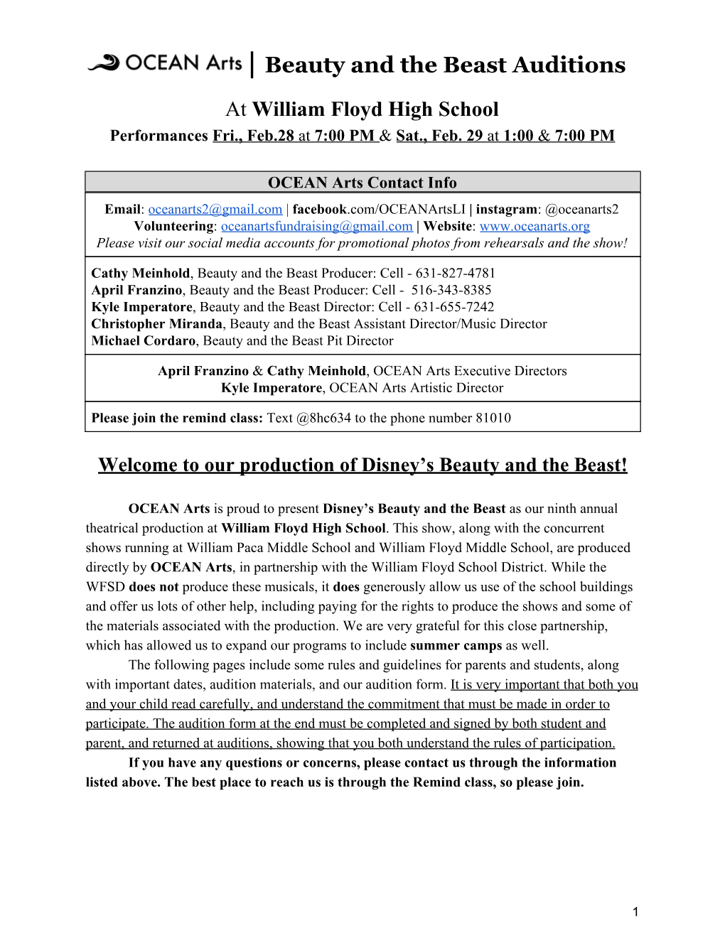 Beauty and the Beast Auditions ​ at William Floyd High School ​ Performances Fri., Feb.28 at 7:00 PM & Sat., Feb