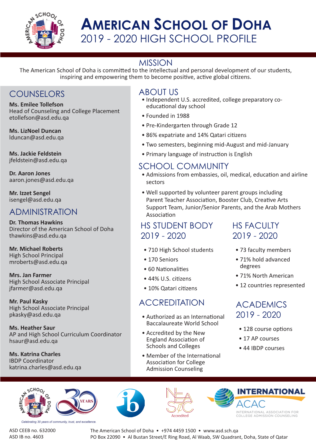 American School of Doha 2019 - 2020 High School Profile