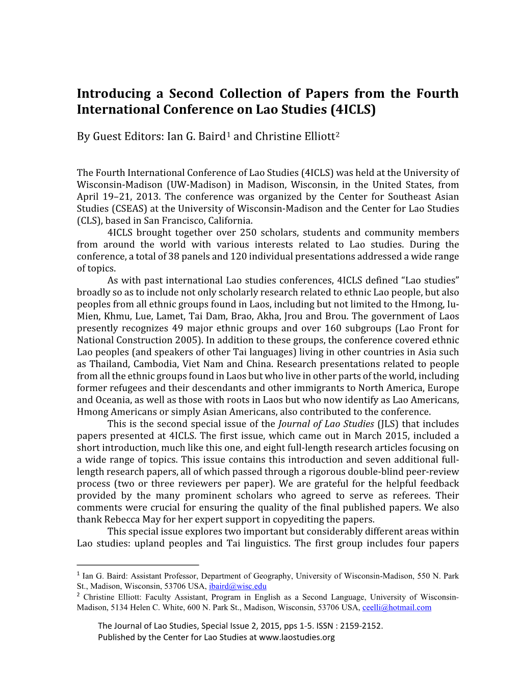 Introducing a Second Collection of Papers from the Fourth International Conference on Lao Studies (4ICLS)