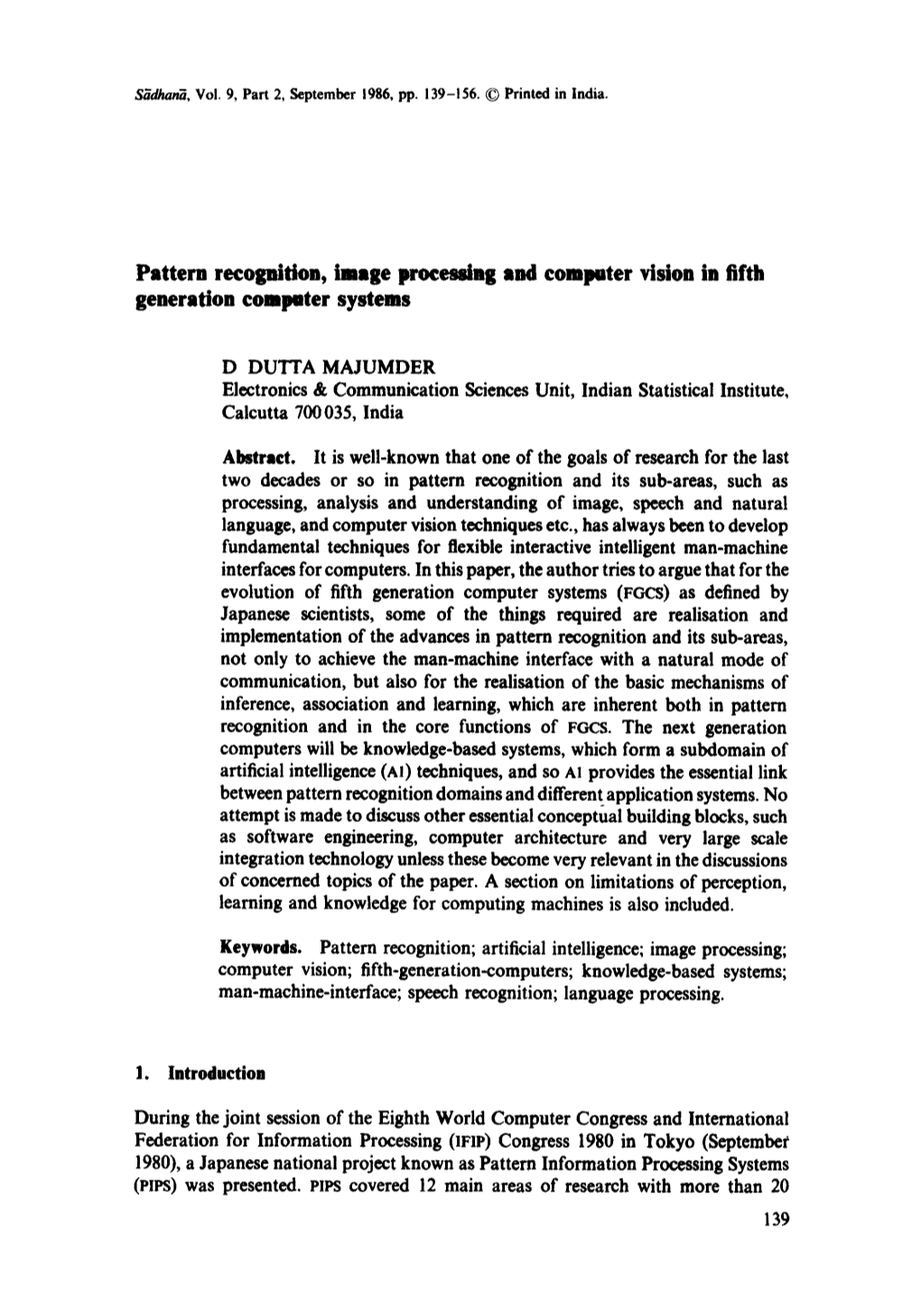 Pattern Recognition, Image Processing and Computer Vision in Fifth Generation Computer Systems