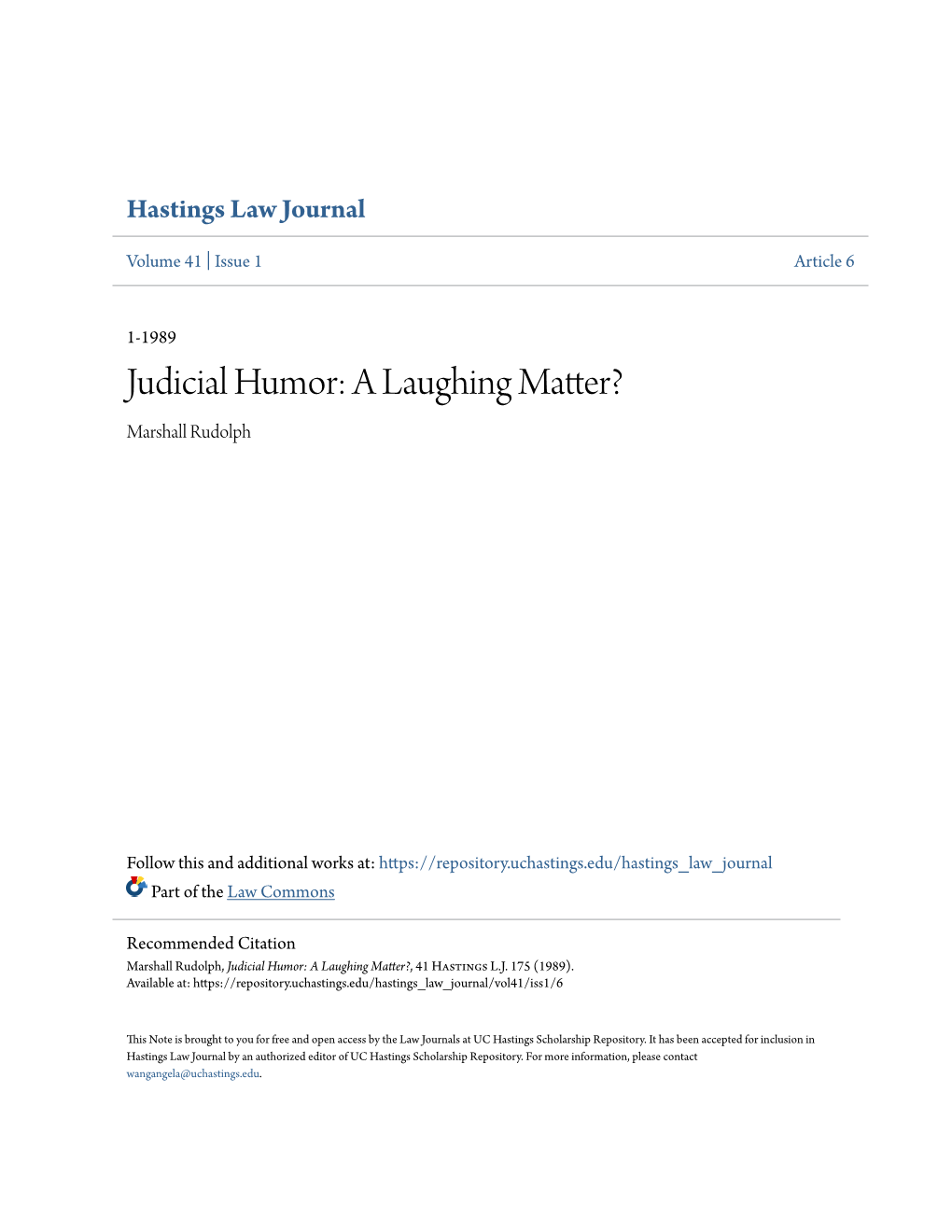 Judicial Humor: a Laughing Matter? Marshall Rudolph