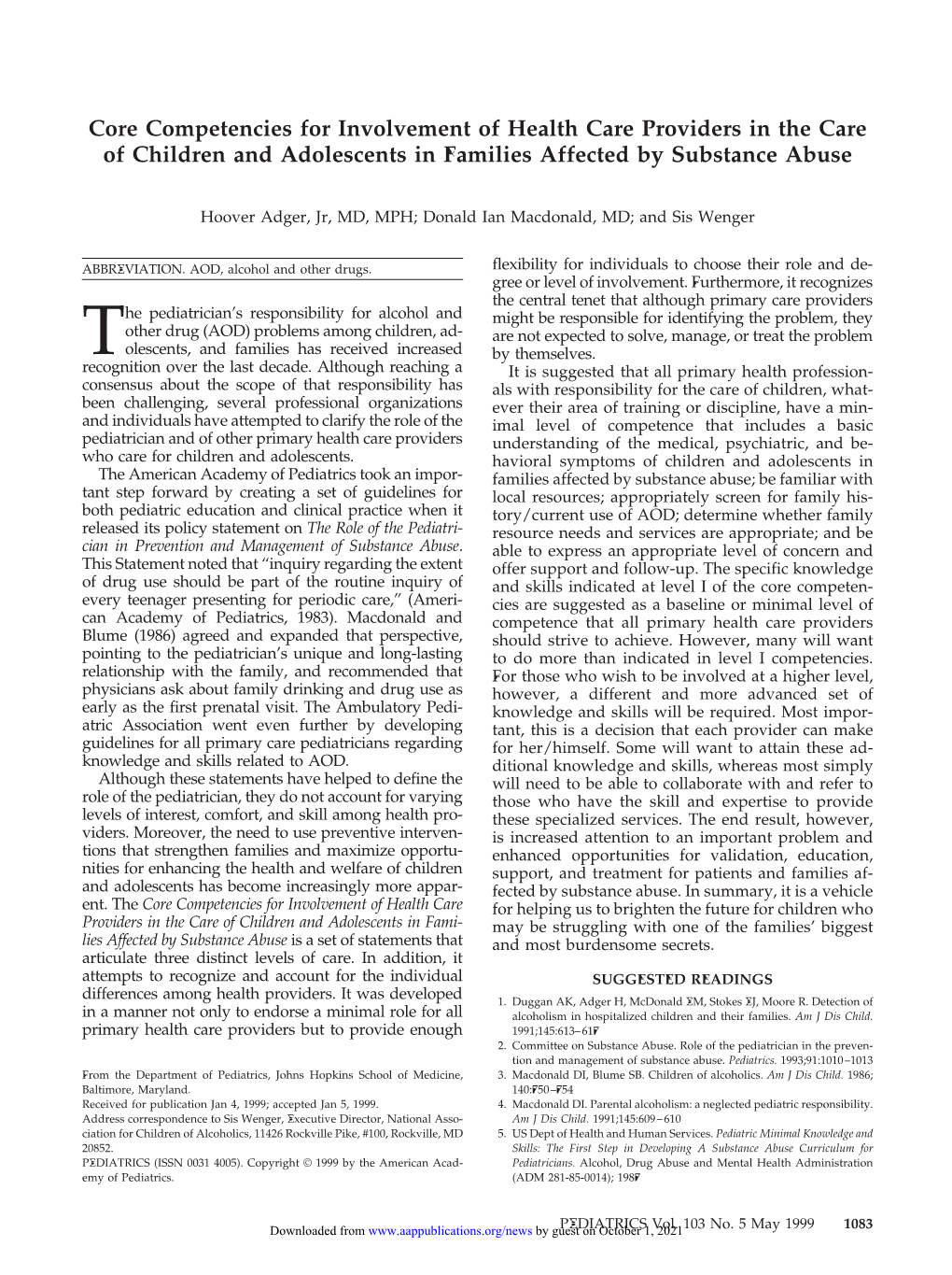 Core Competencies for Involvement of Health Care Providers in the Care of Children and Adolescents in Families Affected by Substance Abuse