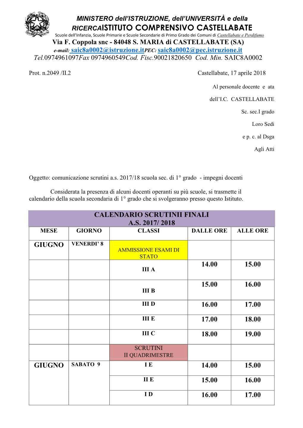 RICERCAISTITUTO COMPRENSIVO CASTELLABATE Scuole Dell’Infanzia, Scuole Primarie E Scuole Secondarie Di Primo Grado Dei Comuni Di Castellabate E Perdifumo Via F