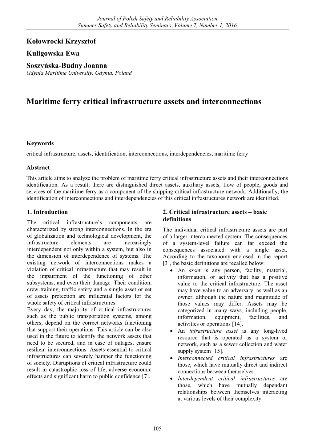 Kołowrocki Krzysztof, Kuligowska Ewa, Soszyńska-Budny Joanna Maritime Ferry Critical Infrastructure Assets and Interconnections