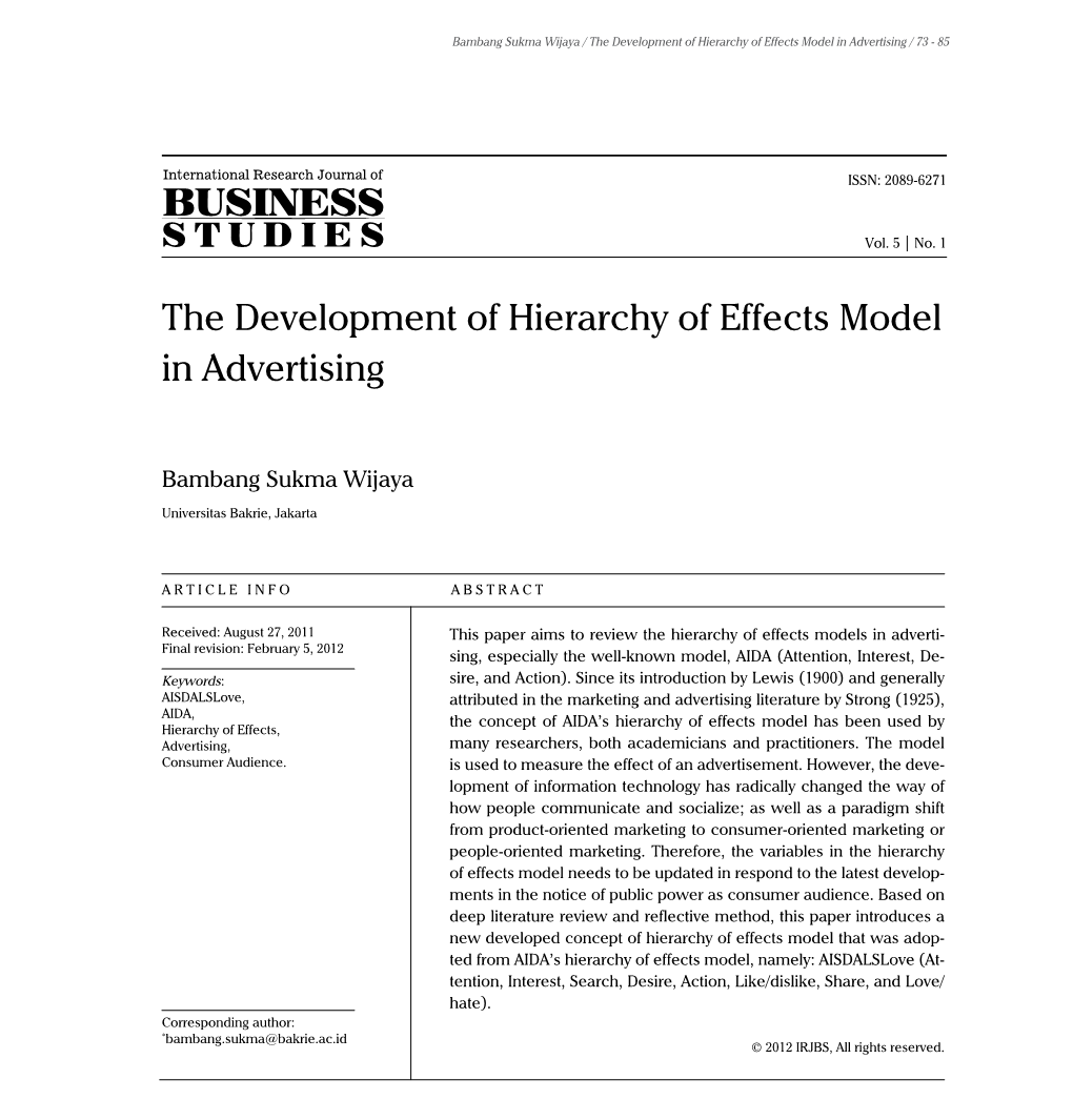 The Development of Hierarchy of Effects Model in Advertising / 73 - 85