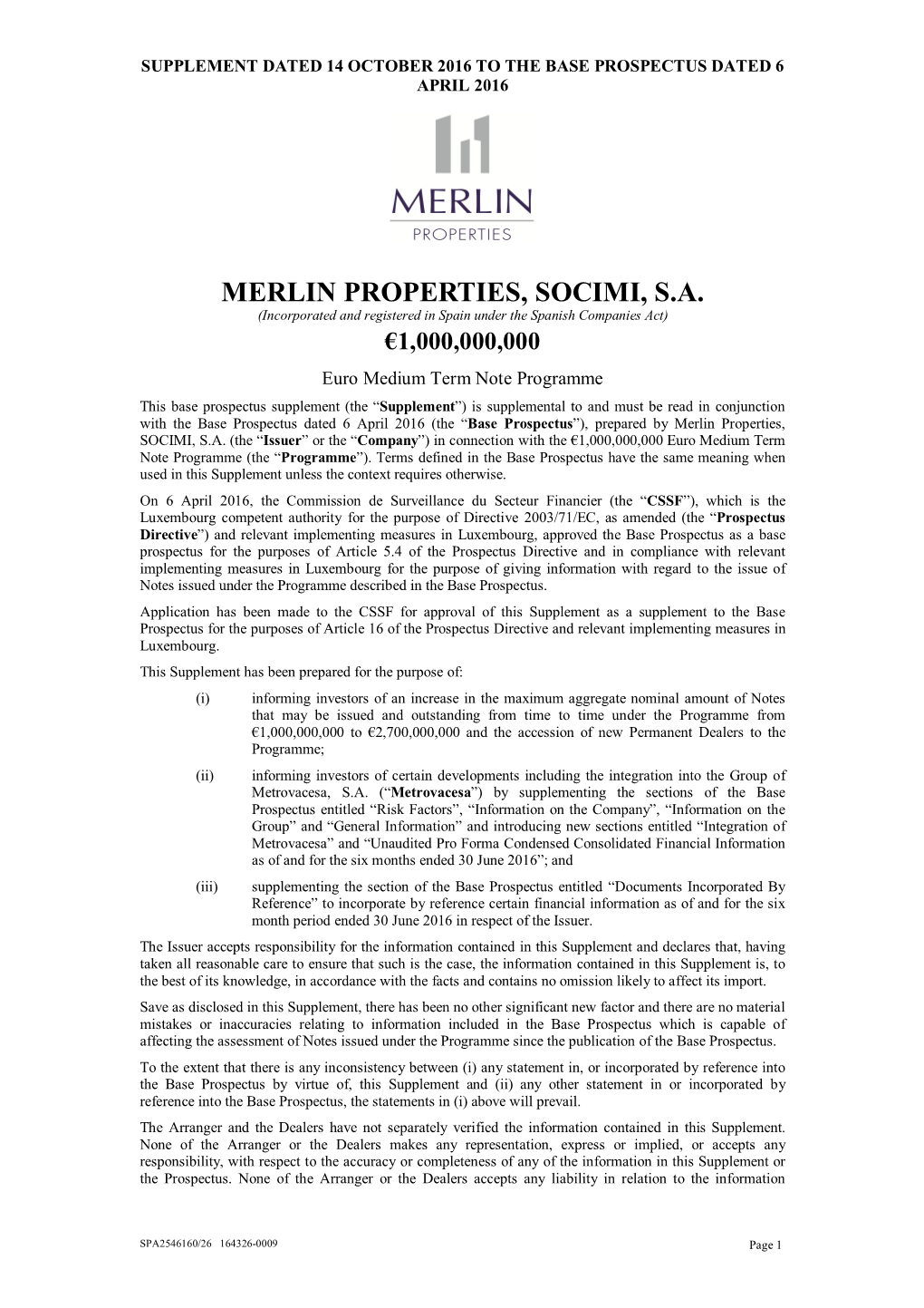 MERLIN PROPERTIES, SOCIMI, S.A. (Incorporated and Registered in Spain Under the Spanish Companies Act) €1,000,000,000