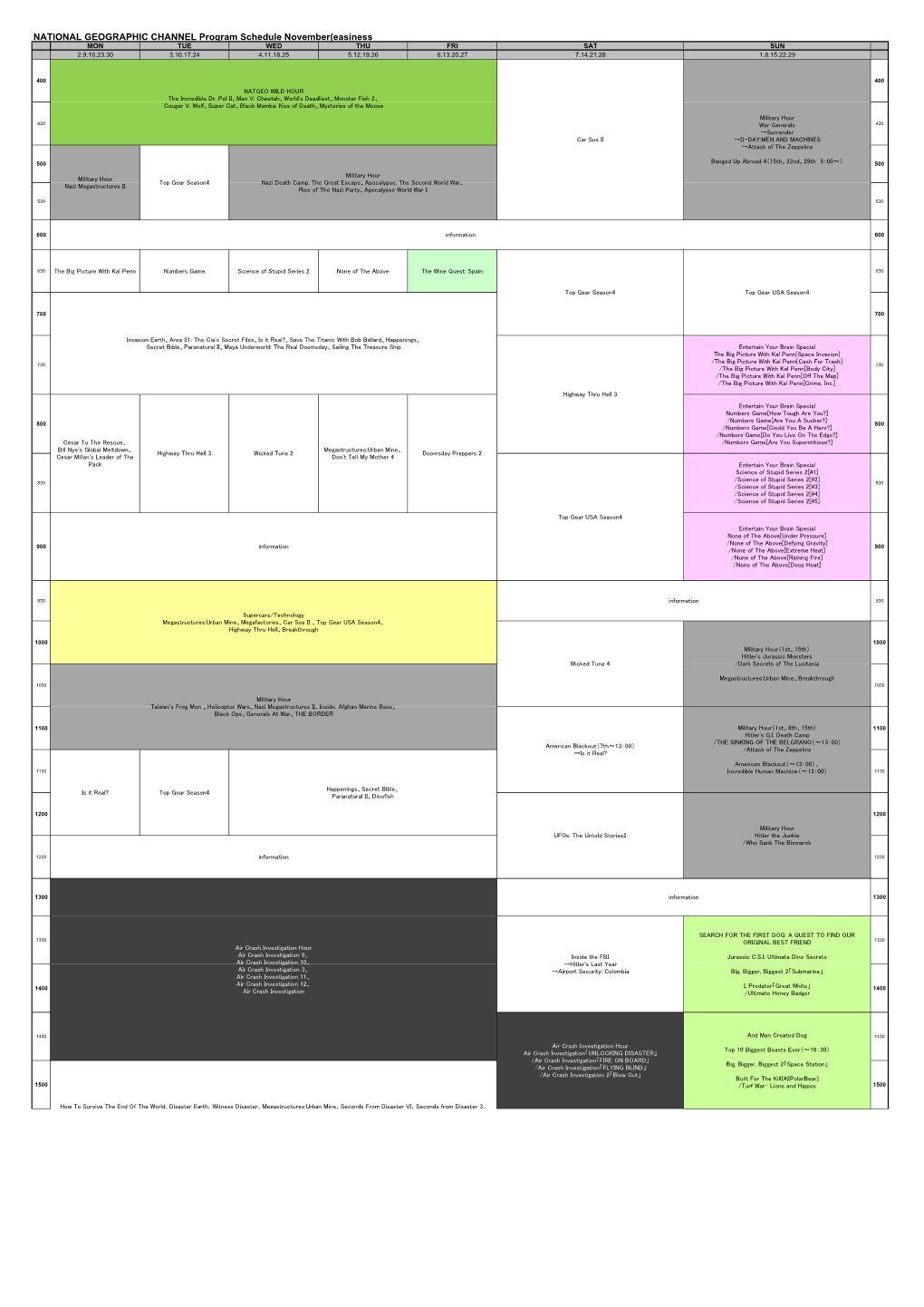 NATIONAL GEOGRAPHIC CHANNEL Program Schedule November