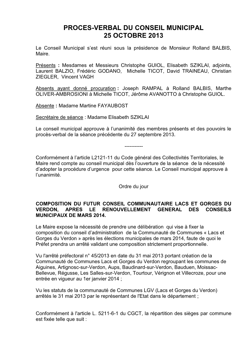 Proces-Verbal Du Conseil Municipal 25 Octobre 2013