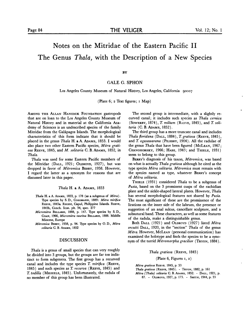 Notes on the Mitridae of the Eastern Pacific II the Genus Thala, with the Description of a New Species