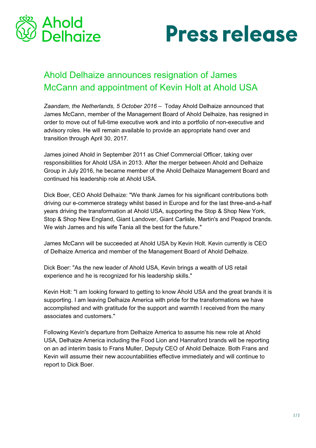 Ahold Delhaize Announces Resignation of James Mccann and Appointment of Kevin Holt at Ahold USA