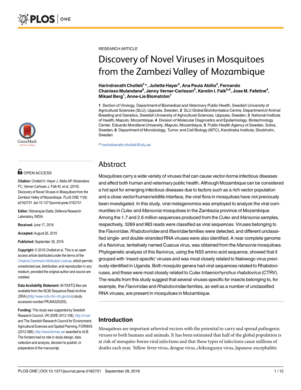 Discovery of Novel Viruses in Mosquitoes from the Zambezi Valley of Mozambique