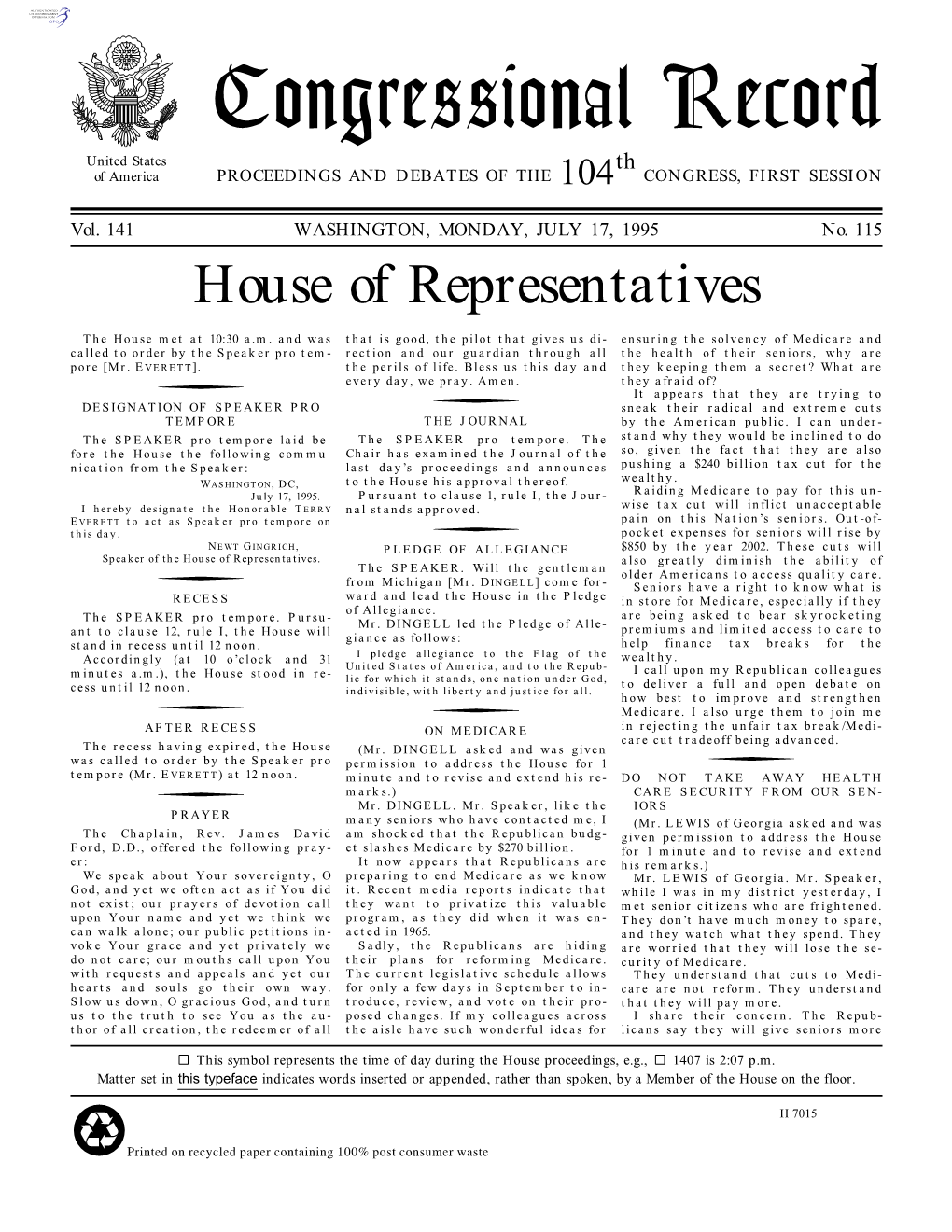 Congressional Record United States Th of America PROCEEDINGS and DEBATES of the 104 CONGRESS, FIRST SESSION