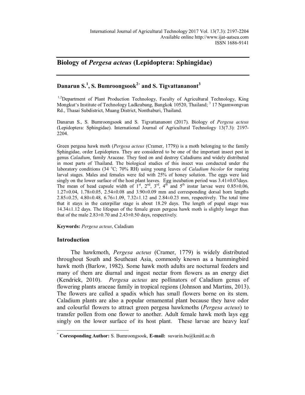 (Lepidoptera: Sphingidae). International Journal of Agricultural Technology 13(7.3): 2197- 2204