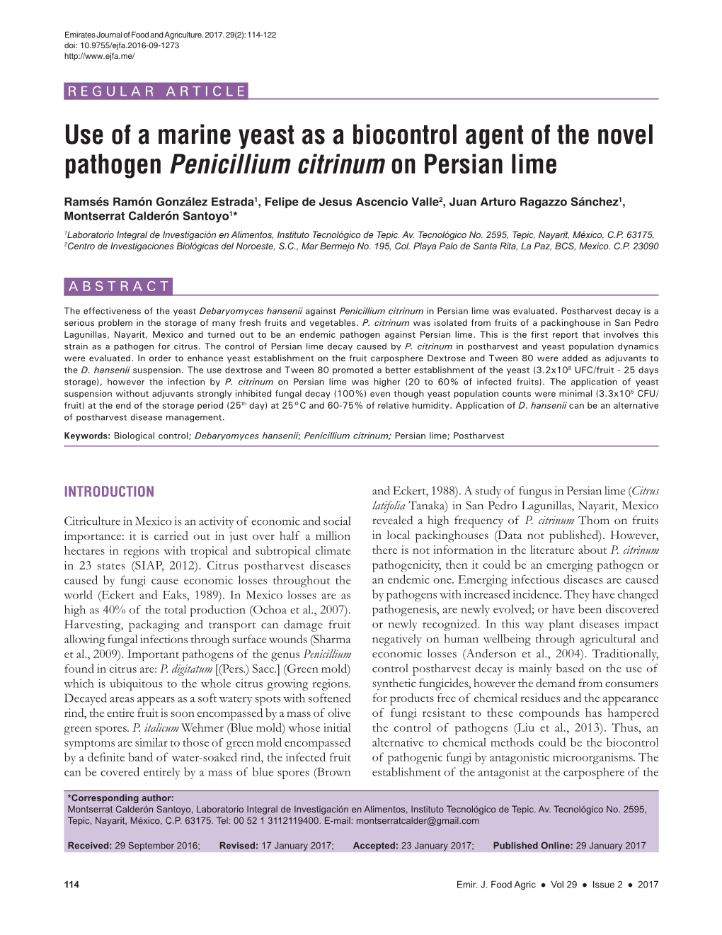 Use of a Marine Yeast As a Biocontrol Agent of the Novel Pathogen Penicillium Citrinum on Persian Lime