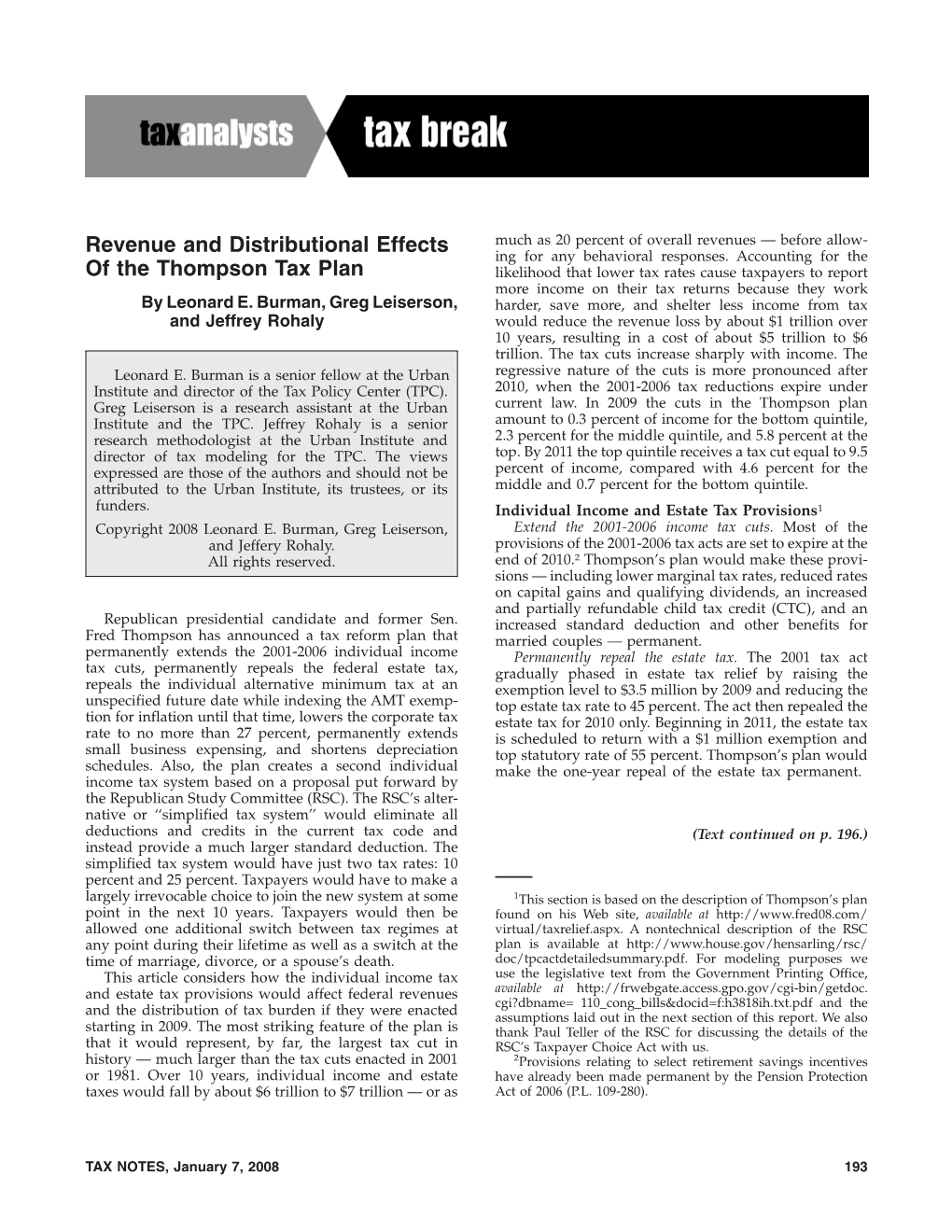 Revenue and Distributional Effects of the Individual Income and Estate