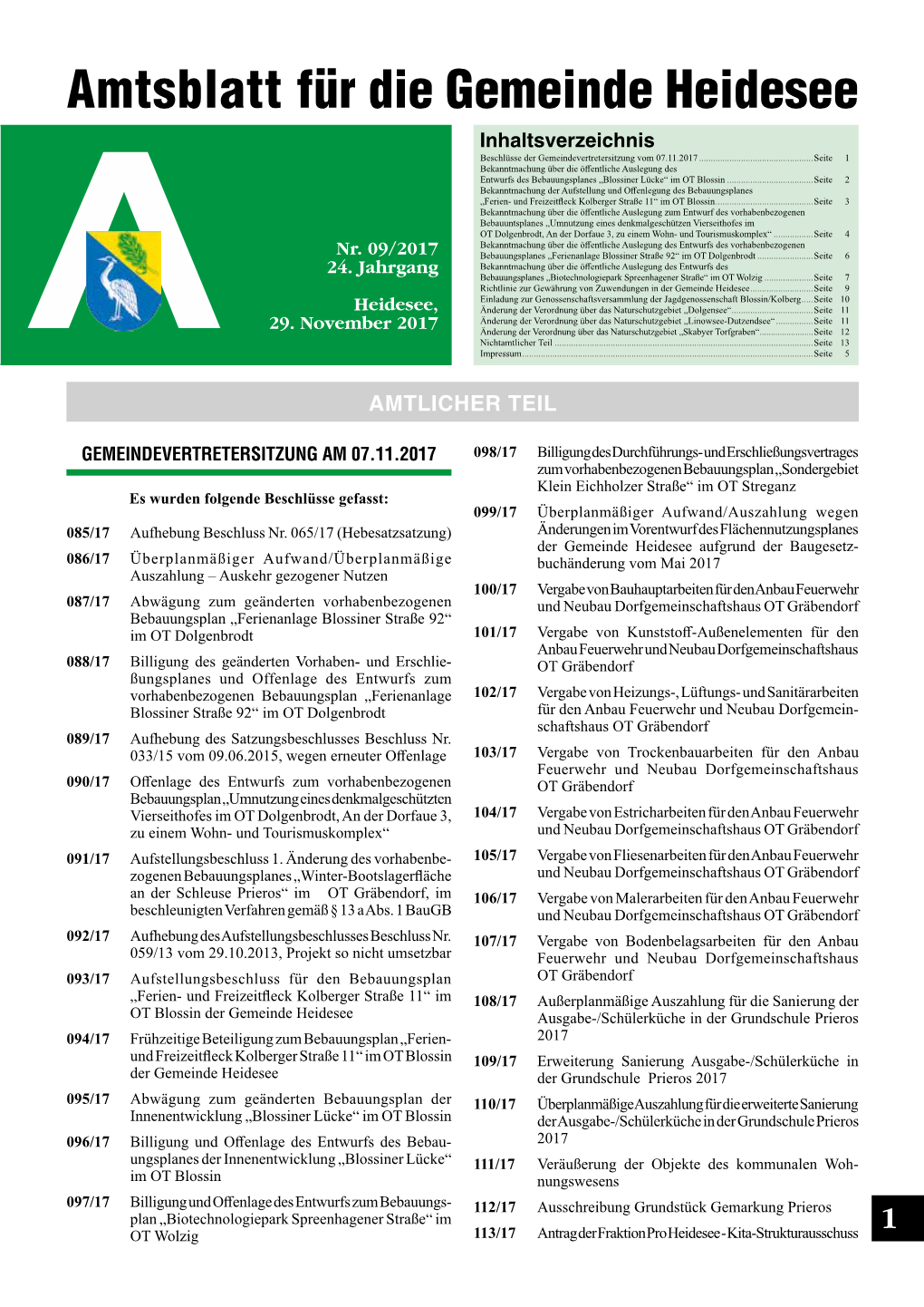 Amtsblatt Für Die Gemeinde Heidesee Inhaltsverzeichnis Beschlüsse Der Gemeindevertretersitzung Vom 07.11.2017