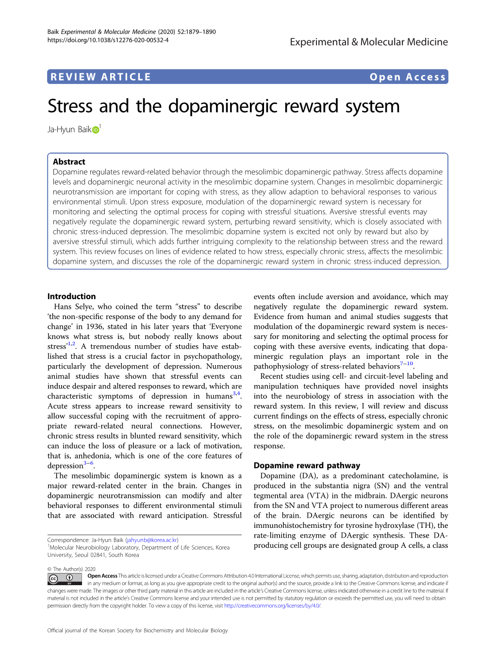 Stress and the Dopaminergic Reward System Ja-Hyun Baik 1