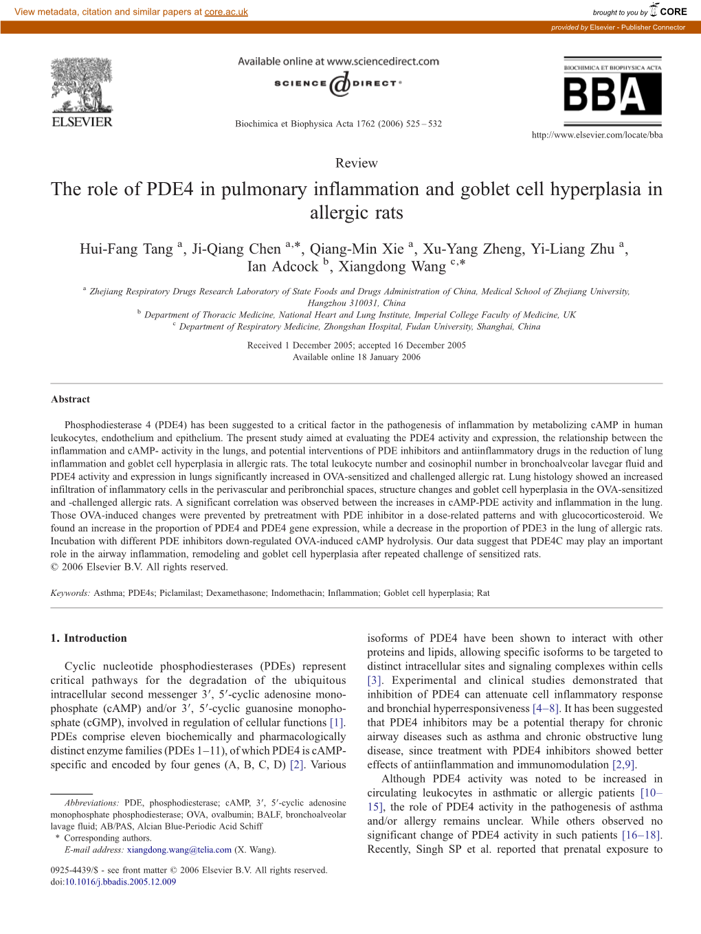 The Role of PDE4 in Pulmonary Inflammation and Goblet Cell