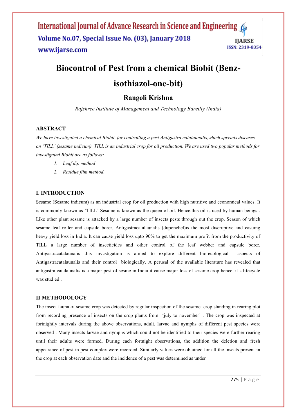 Biocontrol of Pest from a Chemical Biobit (Benz- Isothiazol-One-Bit) Rangoli Krishna Rajshree Institute of Management and Technology Bareilly (India)