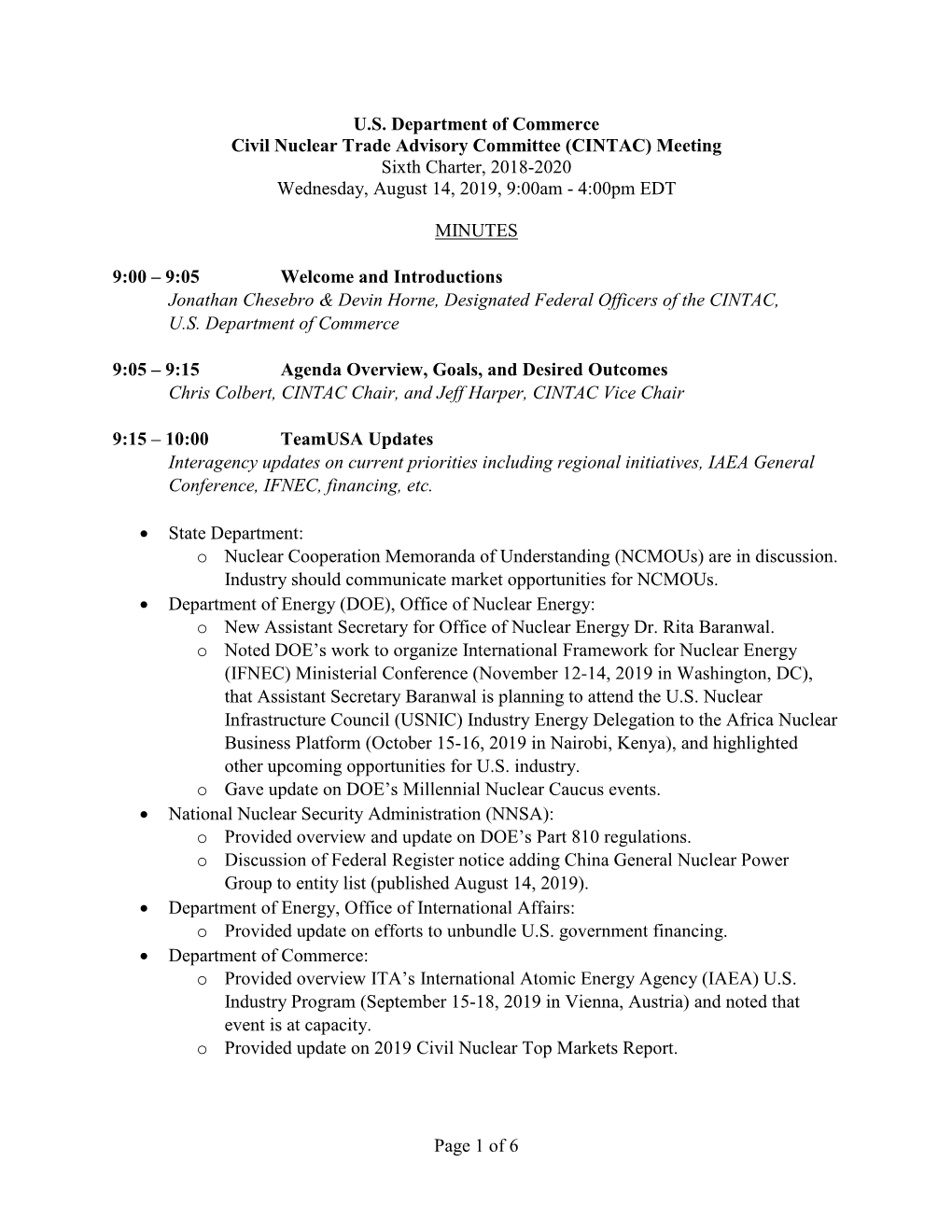 Page 1 of 6 U.S. Department of Commerce Civil Nuclear Trade Advisory Committee (CINTAC) Meeting Sixth Charter, 2018-2020 Wednesd