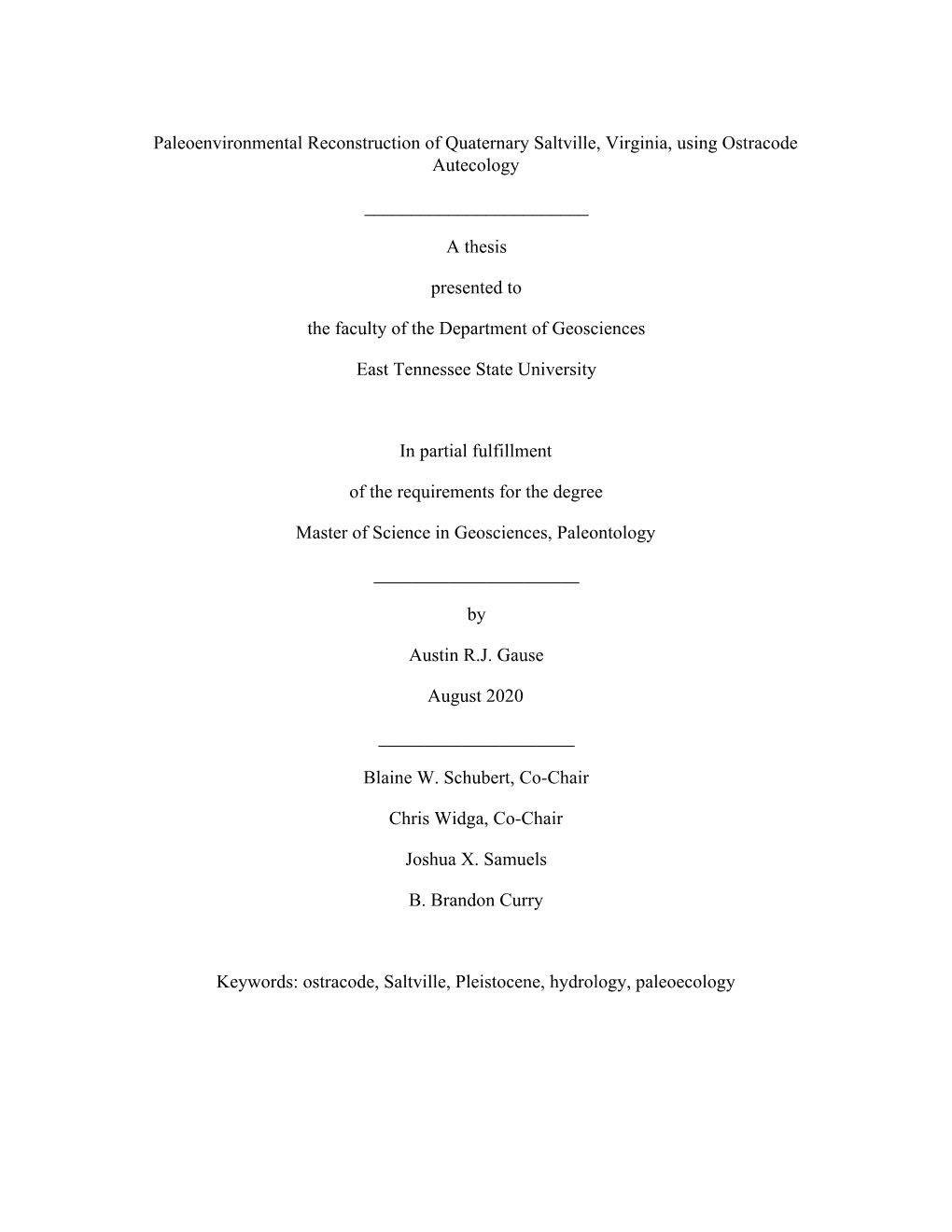 Paleoenvironmental Reconstruction of Quaternary Saltville, Virginia, Using Ostracode Autecology