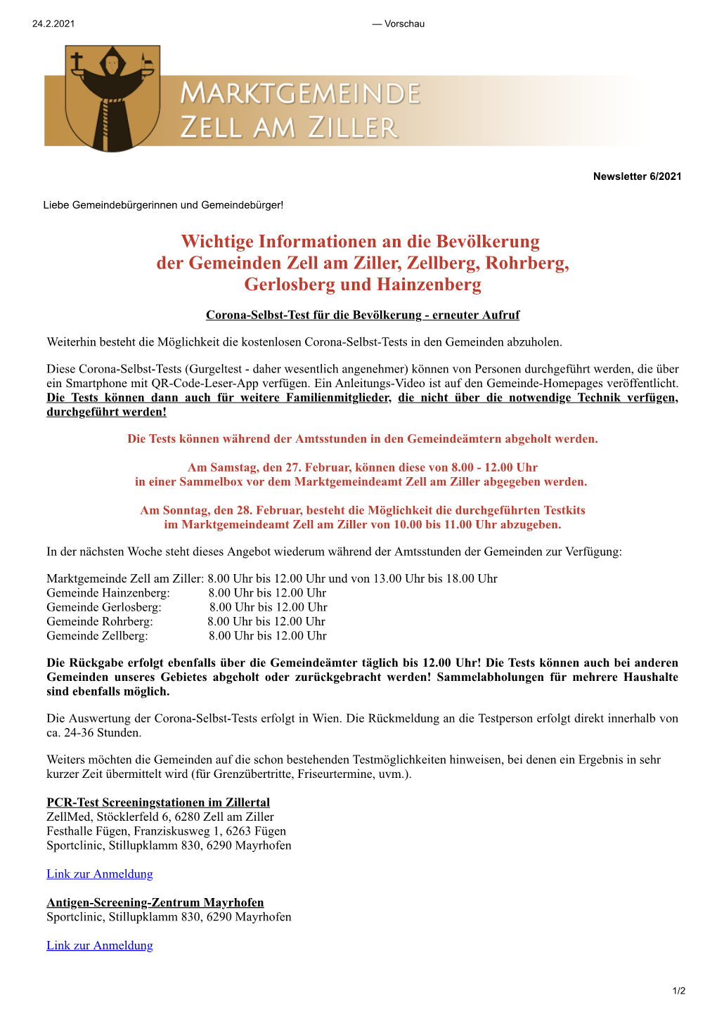 Wichtige Informationen an Die Bevölkerung Der Gemeinden Zell Am Ziller, Zellberg, Rohrberg, Gerlosberg Und Hainzenberg