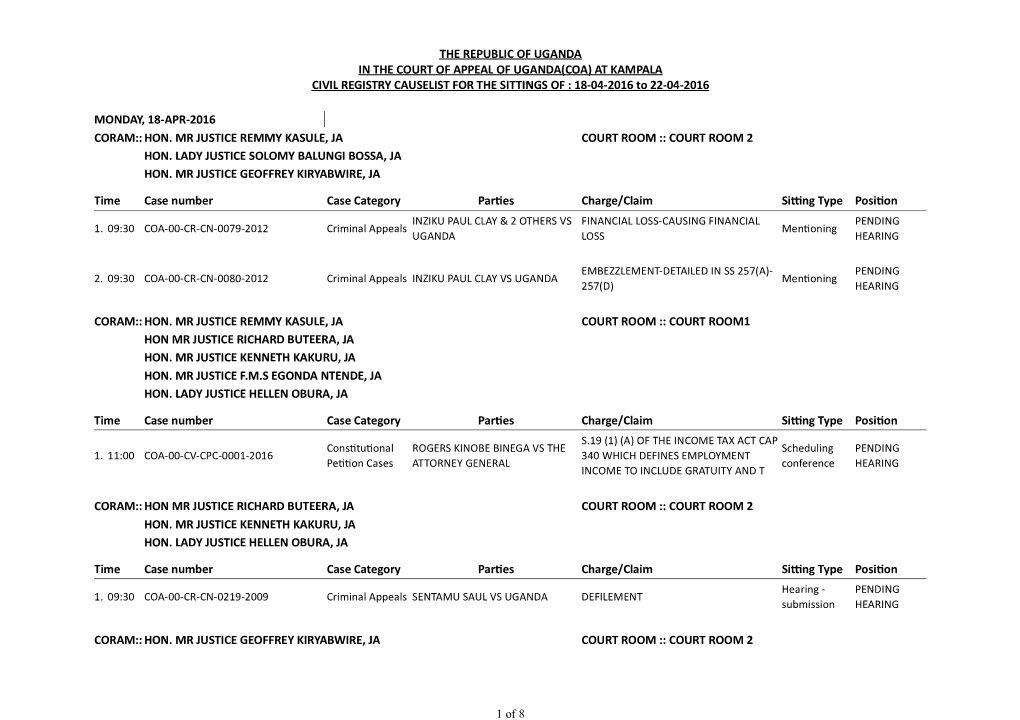 THE REPUBLIC of UGANDA in the COURT of APPEAL of UGANDA(COA) at KAMPALA CIVIL REGISTRY CAUSELIST for the SITTINGS of : 18-04-2016 to 22-04-2016