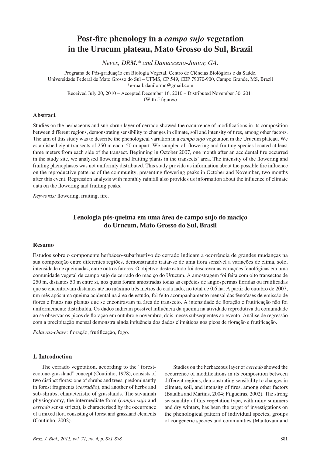 Post-Fire Phenology in a Campo Sujo Vegetation in the Urucum Plateau, Mato Grosso Do Sul, Brazil