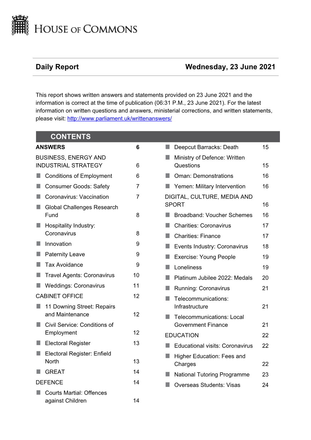 Daily Report Wednesday, 23 June 2021 CONTENTS