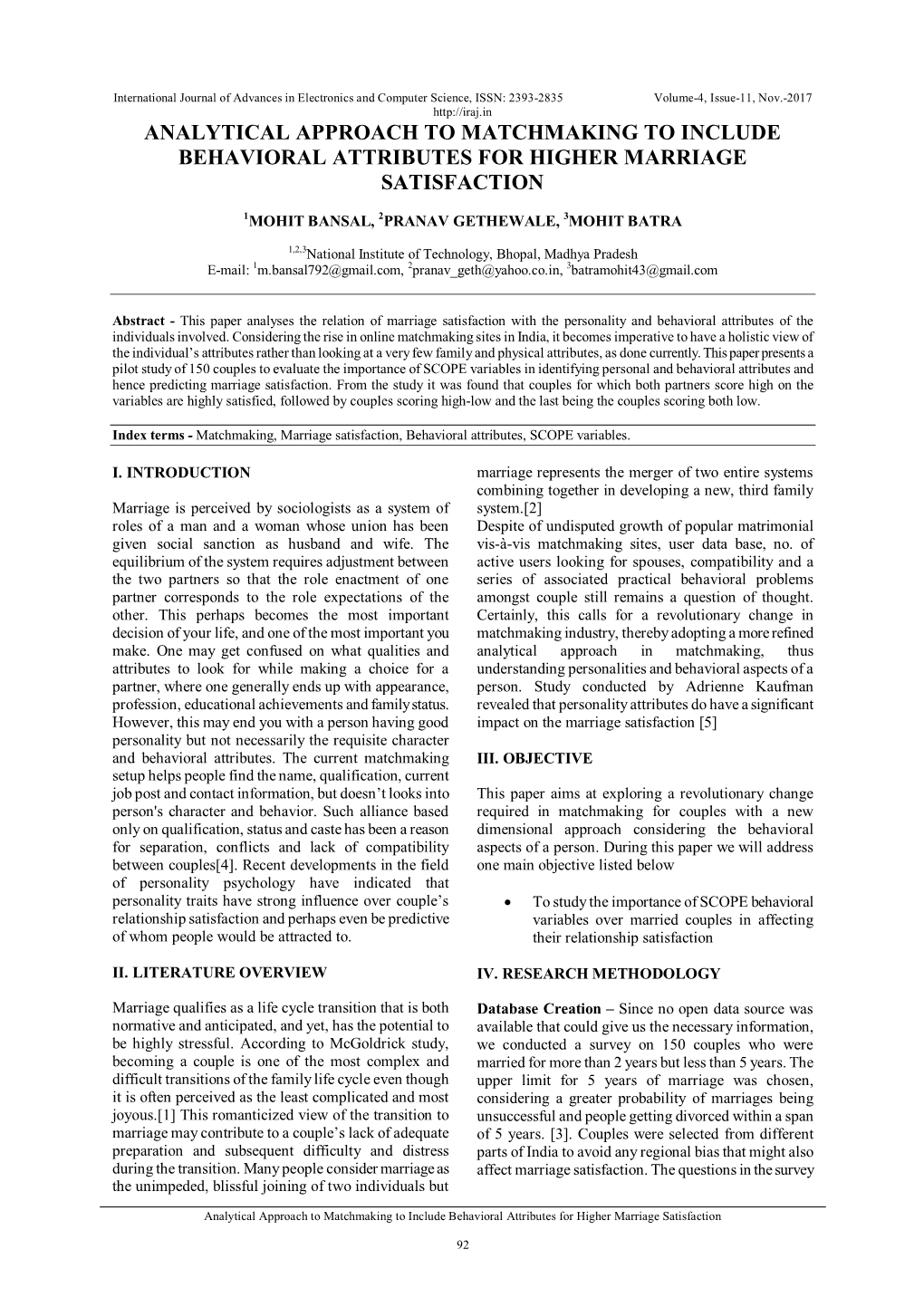 Analytical Approach to Matchmaking to Include Behavioral Attributes for Higher Marriage Satisfaction