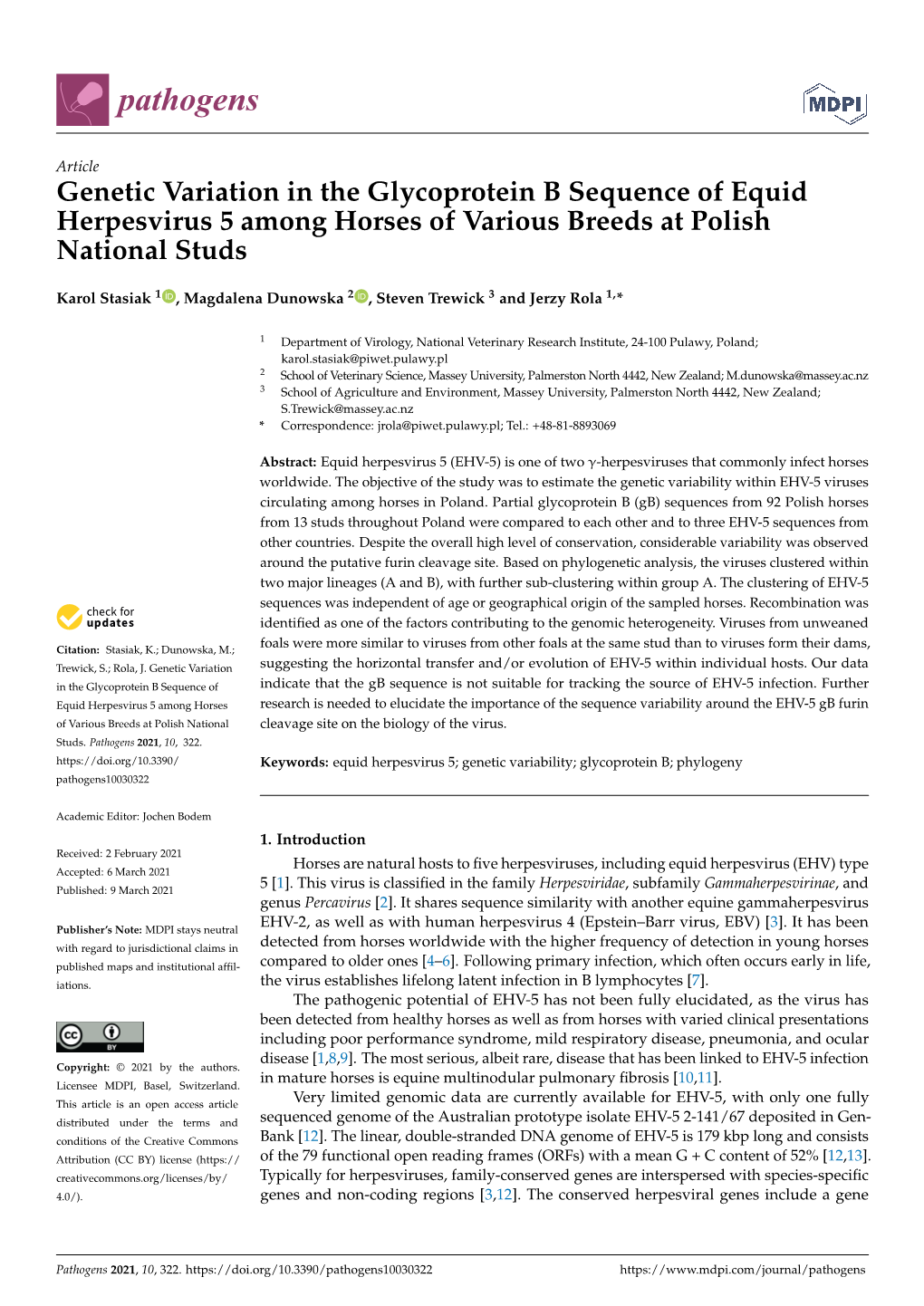 Genetic Variation in the Glycoprotein B Sequence of Equid Herpesvirus 5 Among Horses of Various Breeds at Polish National Studs