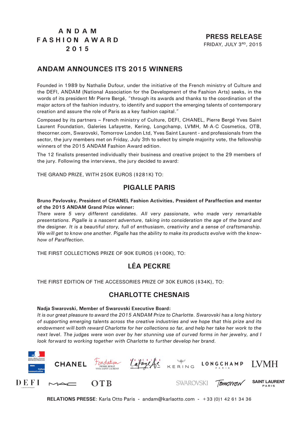 Andam Announces Its 2015 Winners Press Release